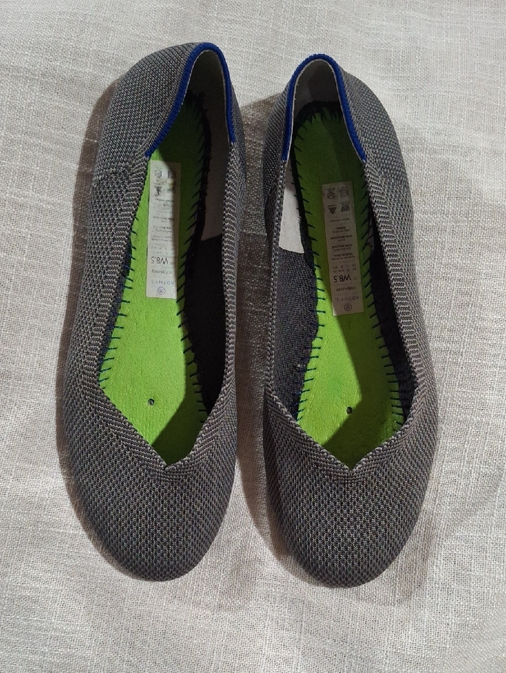 Rothy's Gray Knit Ballet Flats with Lime Green Insole and Blue Trim Size 8.5